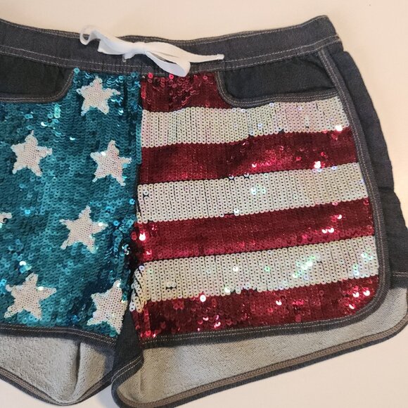 Juicy Couture US Flag Sequin Shorts Patriotic Denim Stretch July 4th USA Medium - Picture 3 of 12